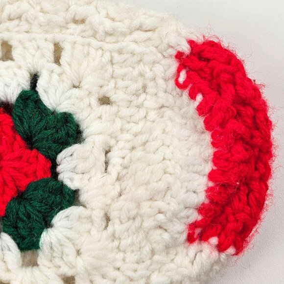 Vintage Granny Square Stocking Handmade Crochet Christmas Holiday Holly Decor - Picture 4 of 6